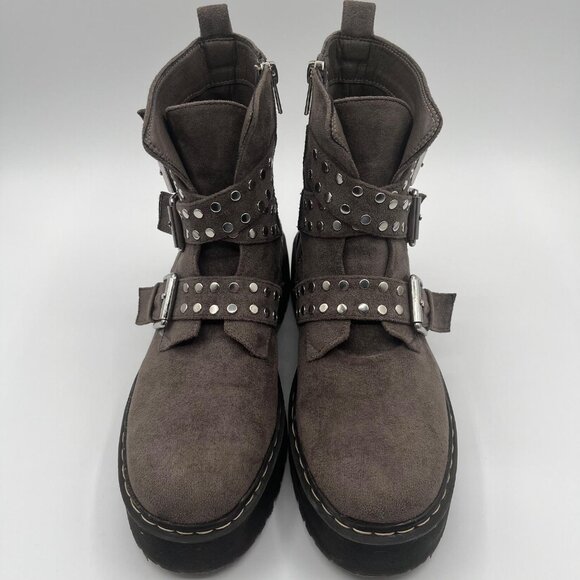MIM Helsinki Topo Chunky Platform Studded Moto Boots Size 7 EU 37 Brown Y2K - Picture 11 of 16
